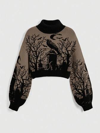 Gothic Dark High Neck Warm Raven Graveyard Moon Bat Branch Jacquard Black Lantern Sleeve Women Sweater