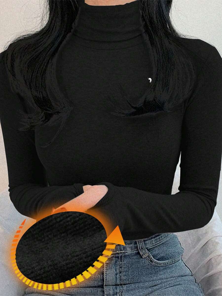 DAZY Áo thun nữ cổ lọ bó sát lót nhiệt - màu đen - Xem 1