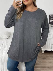 SHEIN CURVE+ 大码纯色休闲长袖T恤，秋季款 - 深灰色 - 查看 7