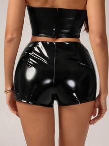 SHEIN Tall 女士夏季时尚性感纯色低腰PU皮革Y2K红色迷你短裤 - 黑色 - 查看 2