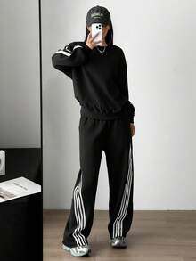 Aidyla 2pcs Set Contrast Color Striped Fleece Hoodie Sweatshirt, Fashionable Street Style - Black - View 3