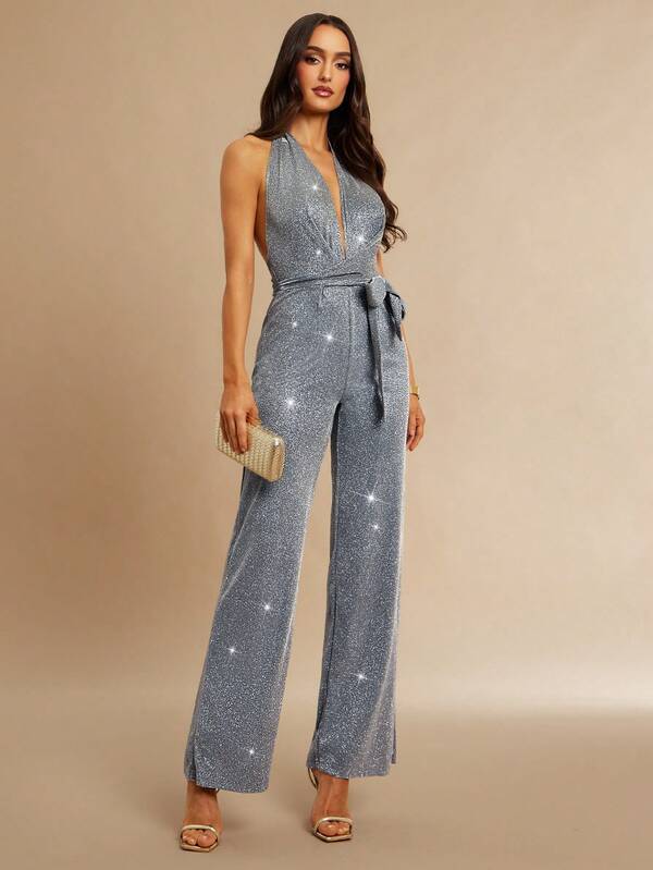 Silquee Women's Autumn/Winter Fitted Sexy Deep V Backless Shimmering Knit Jumpsuit With Adjustable Tie, High-Cost-Friendliness, Suitable For Valentine's Day, Christmas, Dates, Romantic Dates, And Evening Outings. Also Suitable For Halloween, Christmas, Valentine's Day, Dates/Outings/Nightclub Parties/Party Outfits.