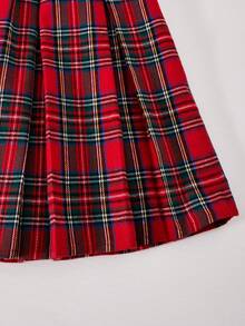 SHEIN ChillGRL Casuvi Kid 3-Piece Girls Christmas Outfit: Knitted Textured Waffle Crew Neck Sweater + Camisole + Pleated Plaid Skirt Set, Suitable For Casual Daily Wear, Festivals, Parties, Vacation In Spring/Autumn - Red - View 3