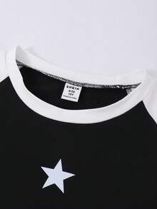 SHEIN Explorewe 青少年女孩两件套：黑白拼色星星印花短款 T 恤 + 白色手绘运动裤，休闲街头风格运动装 - 白色 - 查看 6