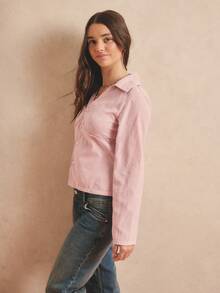 Women's Striped Shirt With Unique V-Neck Design, Front Lace Patchwork, Fitted Cut, Suitable For School, Dates, Autumn/Winter - Pink - View 6