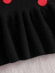 女童可爱樱桃提花针织毛衣连衣裙，柔软长袖套头衫，时尚百搭的针织连衣裙，适合秋冬季节穿着 - 黑色 - 查看 5