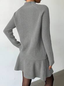 Elenzga 女士宽松休闲圆领纹理上衣和百褶裙两件套 - 灰色 - 查看 2