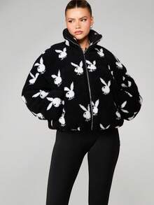 Missguided x Playboy Áo khoác phao dáng rộng có họa tiết đầu thỏ cho thời trang dạo phố mùa đông - Đen và trắng - Xem 6