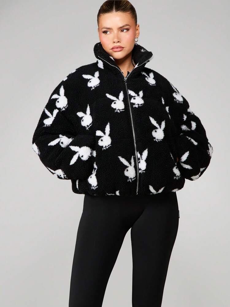 Missguided x Playboy Oversized Crop Puffer Jacket With Bunny Head Pattern For Winter Streetwear Fashion Outerwear