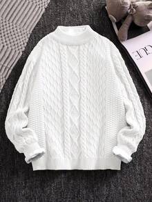 SHEIN Maglione girocollo bianco con texture, stile coreano casual, adatto per ragazzi pre-adolescenti, versatile per pendolarismo, scuola, uso casual quotidiano, adatto anche per sport, stagione autunno/inverno - Bianco - Visualizzare 1