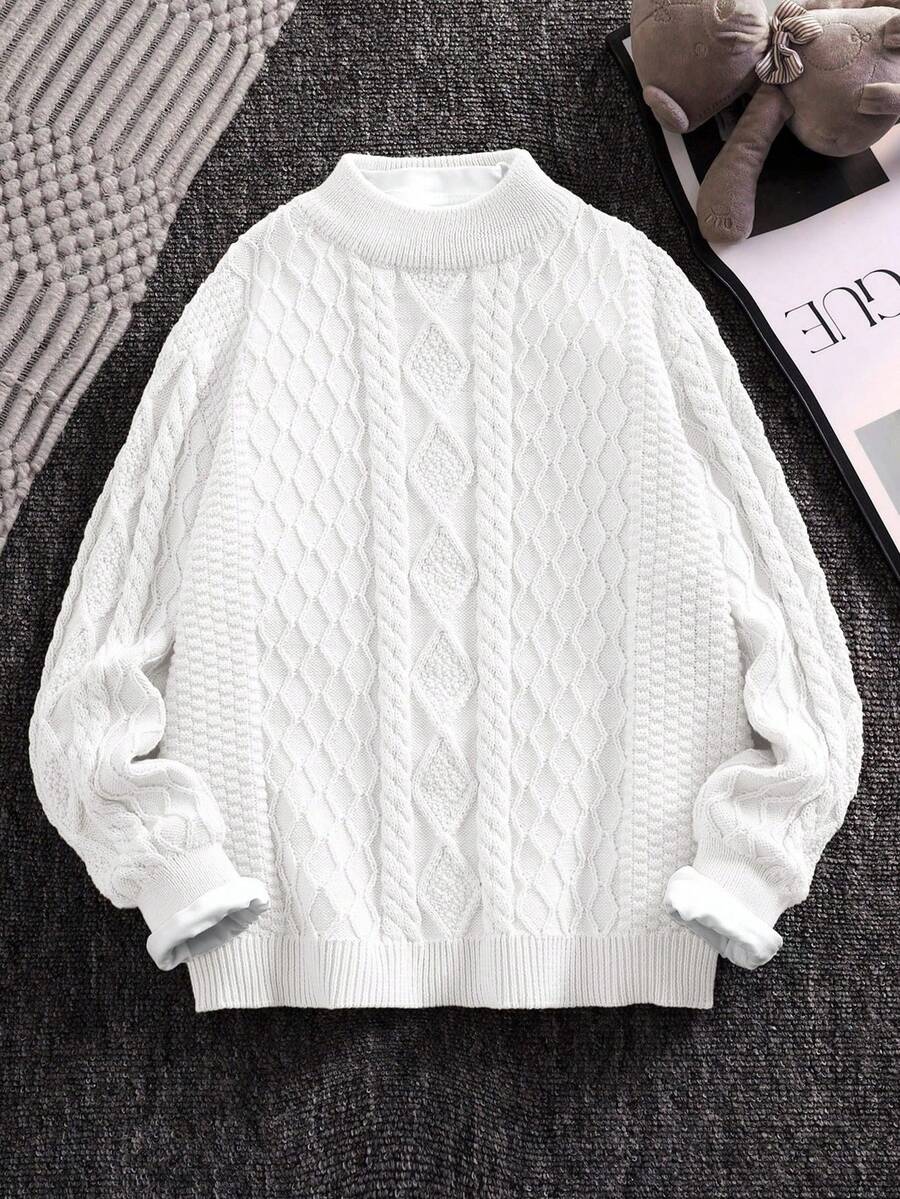 SHEIN Maglione girocollo bianco con texture, stile coreano casual, adatto per ragazzi pre-adolescenti, versatile per pendolarismo, scuola, uso casual quotidiano, adatto anche per sport, stagione autunno/inverno - Bianco - Visualizzare 1