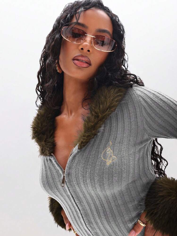 BABYPHAT Cardigan com Zíper em Malha Canelada com Capuz e Barra de Punho em Pele Sintética Luxuosa, Suéter Aconchegante de Inverno