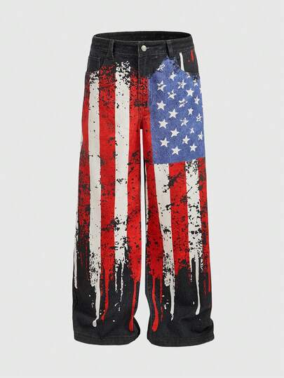 Street Life Jeans à lame incurvée avec imprimé drapeau pour hommes