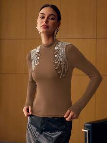 MOTF PREMIUM WOMEN'S LONG SLEEVE SEQUIN BEADED EMBROIDERED BASE LAYER T-SHIRT - Brown - View 4