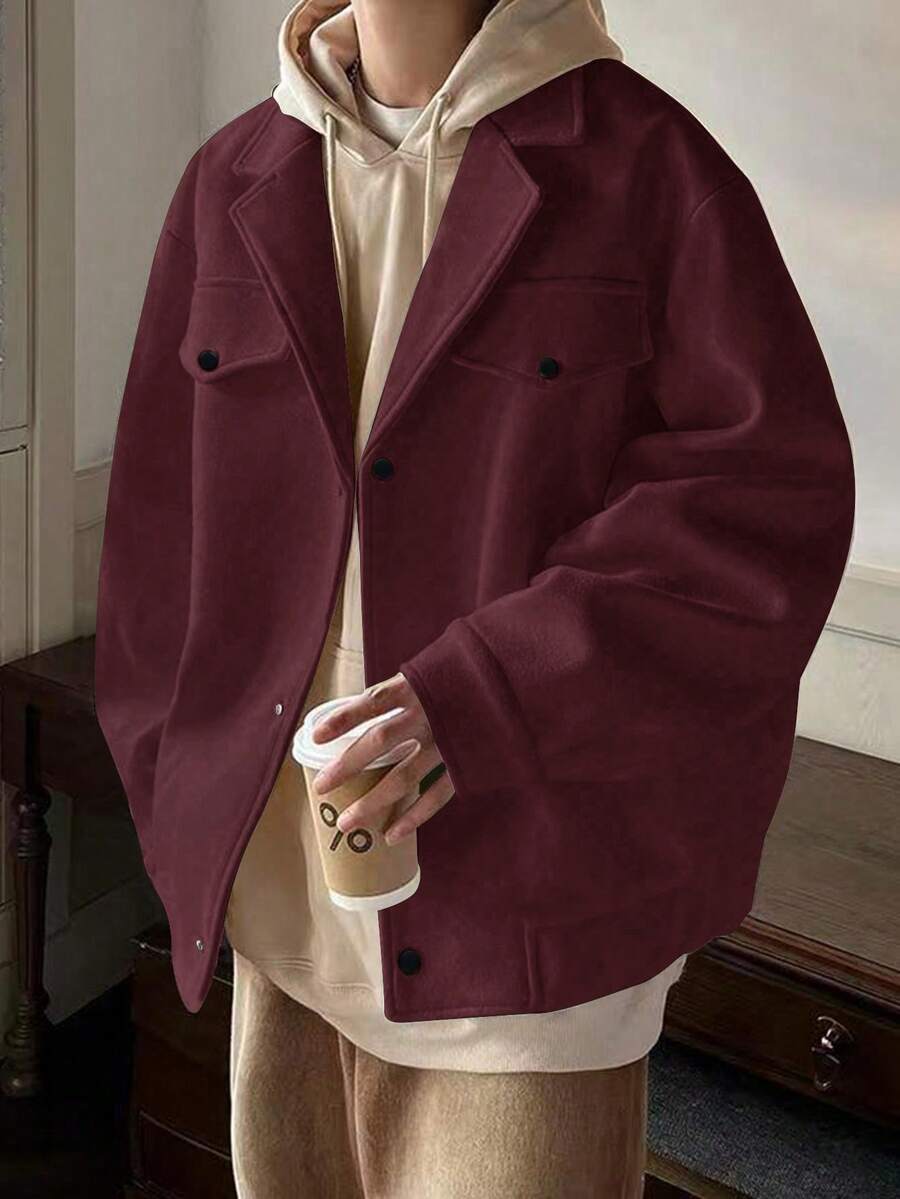 Claim Dot Men's Casual Solid Color Wool Blend Jacket, Autumn/Winter Burgundy Jacket Men Blazer Jacket, - Burgundy - View 1