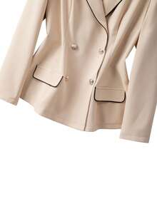 GlowEve CURVE Bộ vest 2 món thời trang công sở đi làm thường ngày cỡ lớn cho nữ, đa năng, thắt eo, cài nút kim loại, viền tương phản, quần âu ống loe, phù hợp cho mùa xuân/thu - Màu be - Xem 8