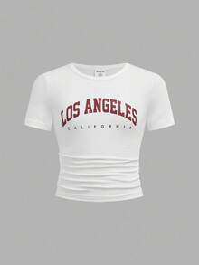 SHEIN ChillGRL 3 件套 Tween Girls 红色字母印花褶皱圆领 T 恤，白色和黑色字母印花 T 恤 - 彩色 - 查看 6