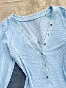 Rina Fox Áo thun dài tay họa tiết gân trơn màu đơn sắc thường ngày dành cho nữ - Màu xanh lam - Xem 6