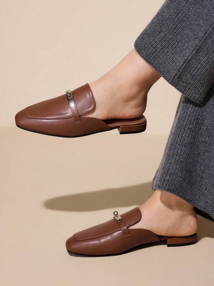 CUCCOO CURVES Women's Wide Fit Square Toe Flat Low Heel Slip-On Mules, Comfortable Versatile Brown Plus Size Ladies Flat Casual Commuter Shoes For Christmas