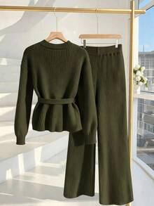 GlowEve 新款优雅套头衫，金色纽扣设计，欧美风格，百搭简约时尚针织上衣和针织裤 - 軍綠色 - 查看 2