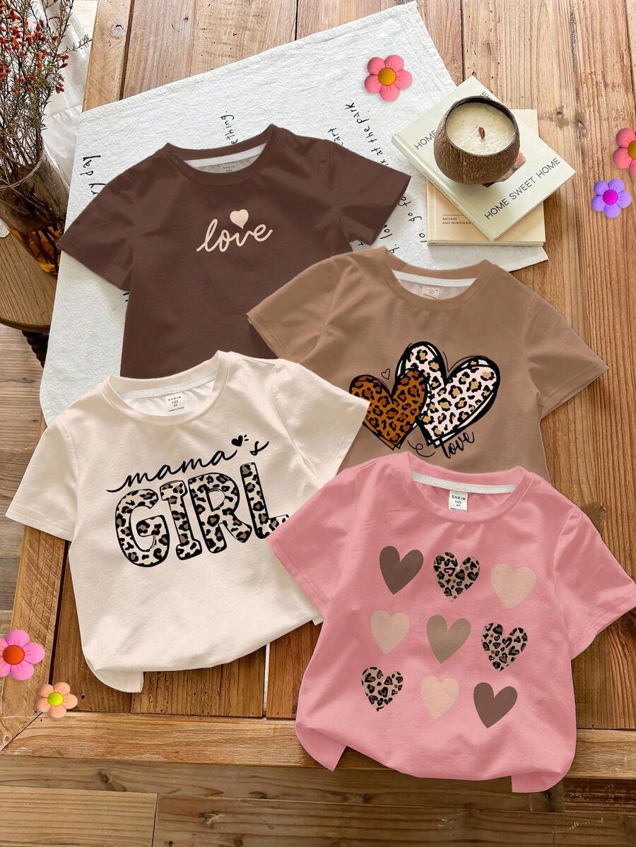 SHEIN LMoss Kids 4件装少女休闲简约奶油粉色复古豹纹爱心字母“Mama's Girl”图案圆领短袖T恤，适合春夏穿着 - 彩色 - 查看 1