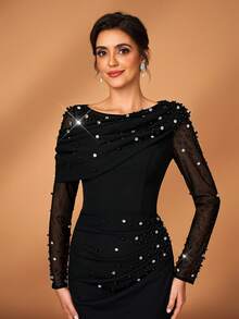 Serin 优雅奢华的串珠泡泡设计弹力针织网纱透视袖褶皱鱼尾裙，适合婚礼、派对、度假、晚宴、节日、新娘母亲晚礼服等场合。 - 黑色 - 查看 5