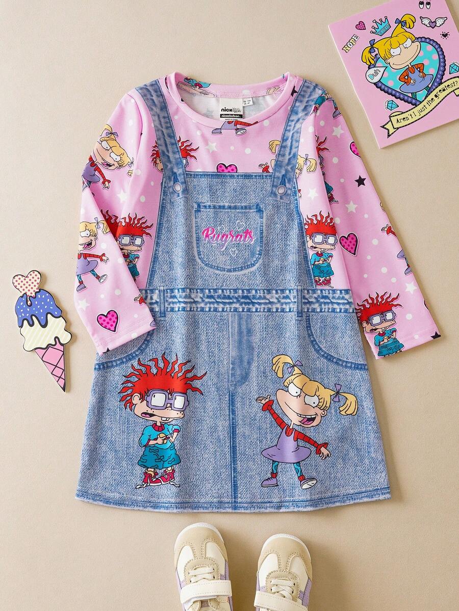 Nick 90s | SHEIN Young Girl Cartoon Graphic Long Sleeve 2 In 1 Denim Effect Dress - Multicolor - View 1