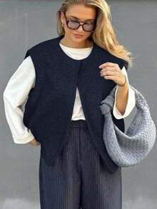 Serisse 女士休闲圆领无袖羊毛背心外套，秋冬季 - 藏蓝色 - 查看 4