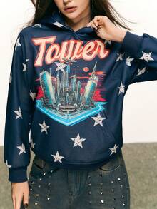 INAWLY Áo nỉ tay dài vai rớt, kiểu dáng thường ngày, họa tiết sáng tạo đa năng. - Màu xanh lam - Xem 4