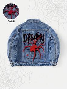 SHEIN Young Boy红色和黑色蜘蛛印花蓝色牛仔破洞领长袖短外套