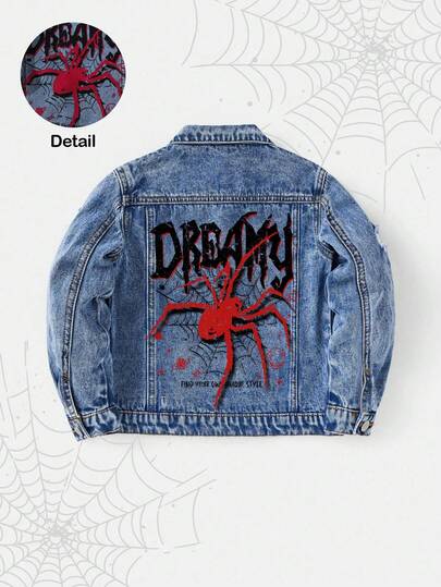 SHEIN Young Boy Röd & Svart Spindelmönster Blå Denim Långärmad Kort Jacka med Riven Krage