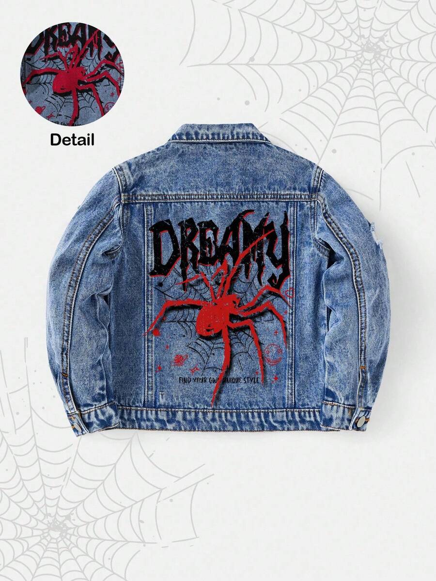 SHEIN Young Boy红色和黑色蜘蛛印花蓝色牛仔破洞领长袖短外套