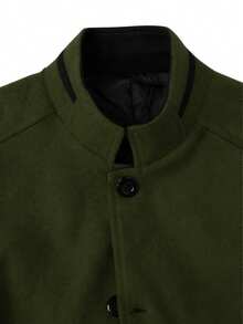 Manfinity Homme 男士纯色长袖单排扣立领休闲羊毛混纺夹克，秋冬款 - 軍綠色 - 查看 5