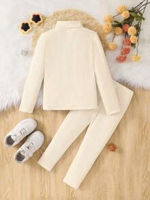 SHEIN 2pcs Young Girl White Solid Color Knit Stand Collar Casual T-Shirt And Pants Set For Summer,Spring,Autumn,Winter,Great Christmas Gift For Young Girls - Black and White - View 2