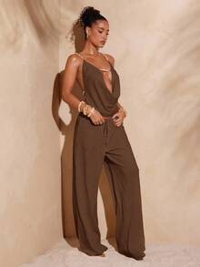 Hauture Sexy Mob Wife Party Casual Vacation Minimalist Solid Textured Twist Waist Loose Wide Leg Pants - Brown - View 4