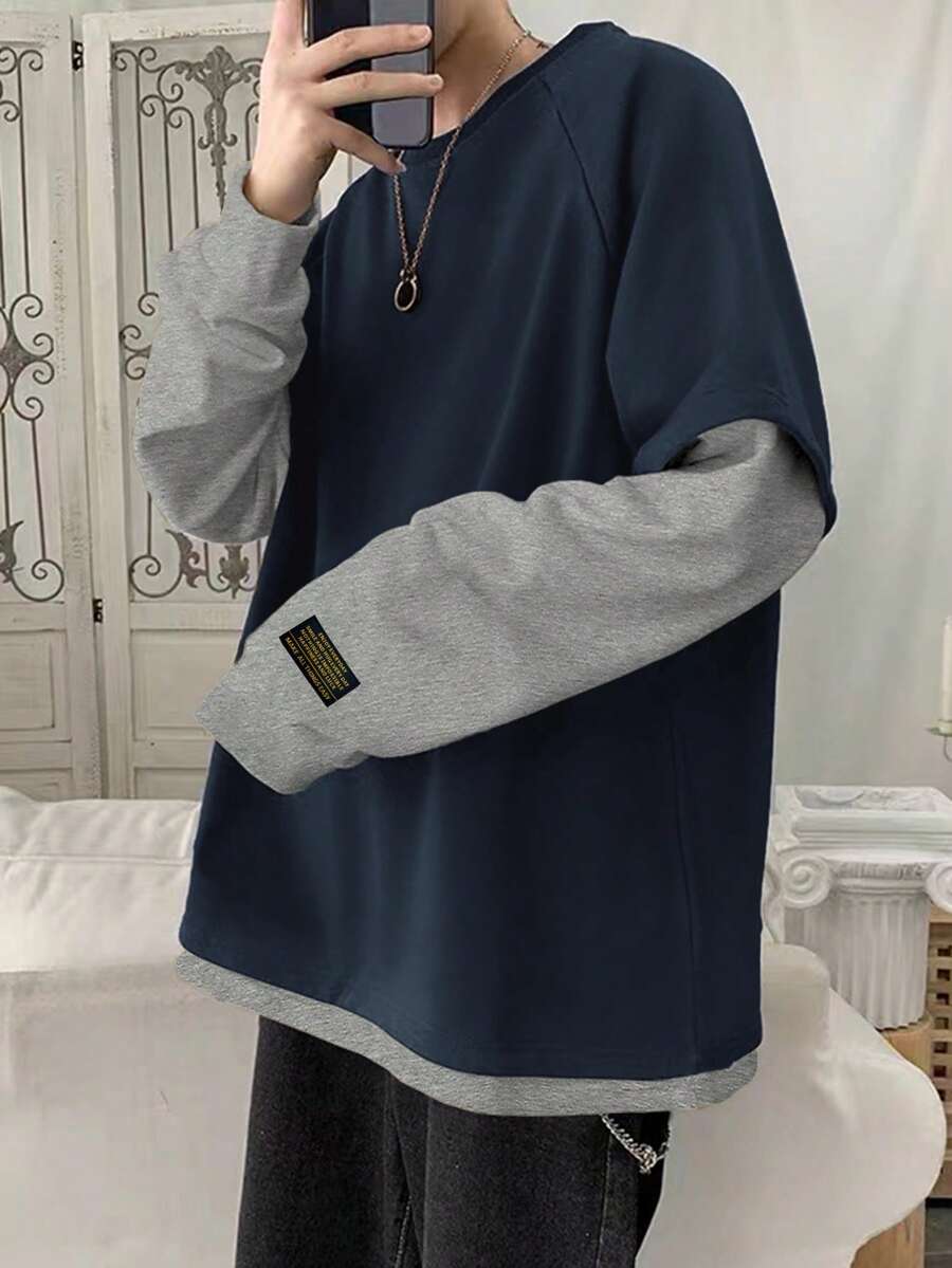 Claim Dot 宽松男士字母拼接插肩袖二合一卫衣 男士叠穿T恤 男士超大街头风 男士衬衫 - 彩色 - 查看 1