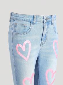 SHEIN ChillGRL Tween Girl Y2K 风格弹性喇叭心形印花牛仔裤，休闲返校装 - 淺色水洗藍 - 查看 3