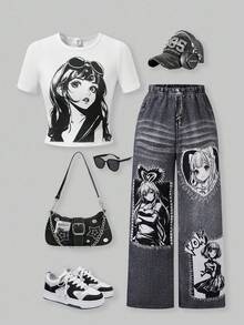 SHEIN Explorewe Tween Girl Cartoon Print Crew Neck T-Shirt And Loose Pants 2 Pieces Set - White - View 1