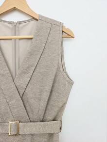 GlowEve 女士休闲无袖V领人字纹面料连体裤，适合居家穿着，秋冬季 - 卡其色 - 查看 4