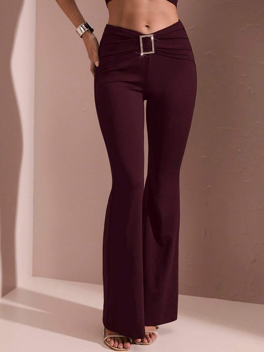 SHEIN BAE Women's Solid Color Square Rhinestone Flared Pants,Fall,Fall Clothes For Women,Winter Clothes For Women - Maroon - View 1