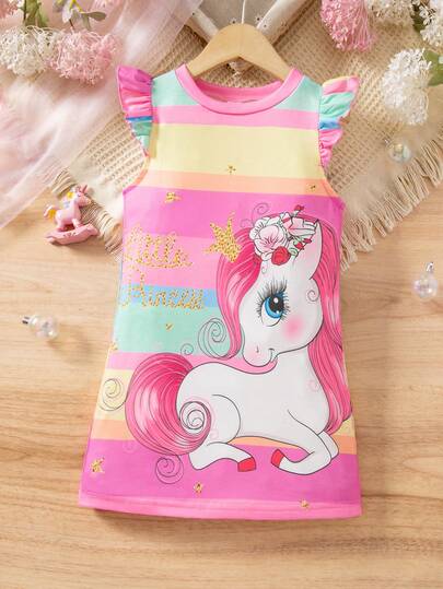 Elladie kids Young Girl Unicorn Print Round Neck Cap Sleeve Cute Dress
