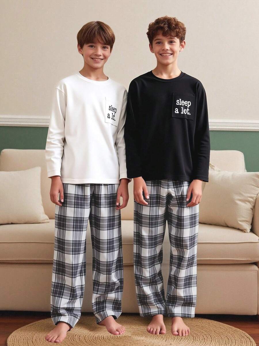 男童休闲字母格子印花长袖上衣和裤子四件套舒适睡衣套装 - 黑與白 - 查看 1