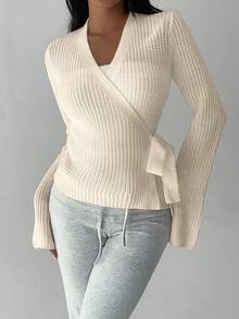 Flirla Women's Solid Color Minimalist Everyday Bowknot Crisscross Strap Cardigan, Fashionable & Versatile - Beige - View 6
