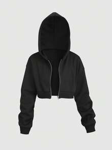 SHEIN Unity 女士纯色简约休闲短款拉链黑色连帽运动衫，长袖毕业连帽衫，返校，毕业，教师，返校