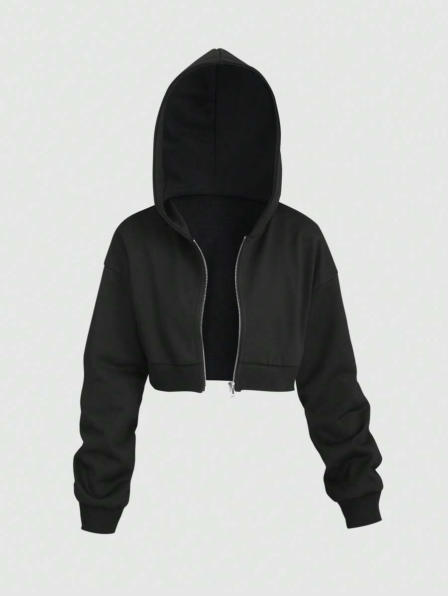 SHEIN Unity 女士纯色简约休闲短款拉链黑色连帽运动衫，长袖毕业连帽衫，返校，毕业，教师，返校