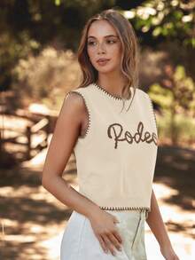 WESTFADE Round Neck Multi Stitch Rodeo Embroidered Sweater Vest Fall, Autumn, Winter, Nashville Concert, Casual, Cute, Boho, Western Wear For Women - Apricot - View 4