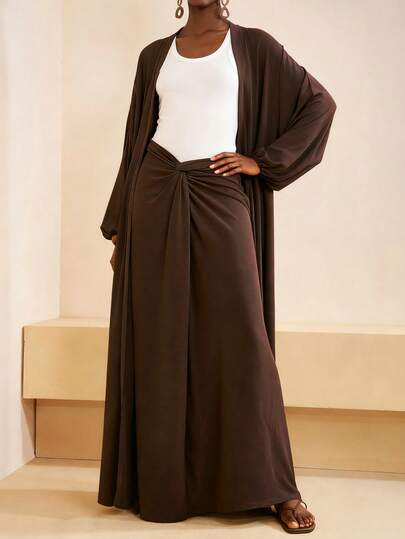 Zivah 2025 Autumn New Arrival Music Festival & Graduation Casual Loose Linen Cardigan + Twist Waist Maxi Sk2 Piecesiece Set, Suitable For Daily, Beach, Vacation, TextureTie Dyewn Ombre Dye Print Brown