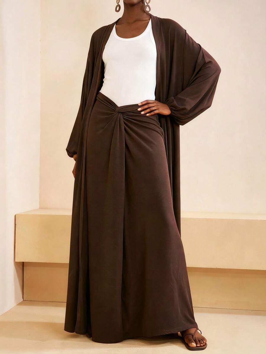 Zivah Bộ đồ liền thân 2 mảnh vải lanh rộng rãi, thoải mái cho lễ hội âm nhạc và tốt nghiệp mùa thu 2025 + bộ đồ maxi cạp xoắn, thích hợp mặc hàng ngày, đi biển, đi nghỉ, họa tiết nhuộm ombre - màu nâu - Xem 1