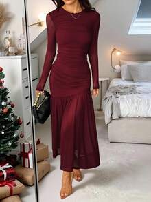 SHEIN PETITE 女士长袖圆领网眼连衣裙，适合秋季当季服装、返校服装、教师服装 - 酒紅色 - 查看 12