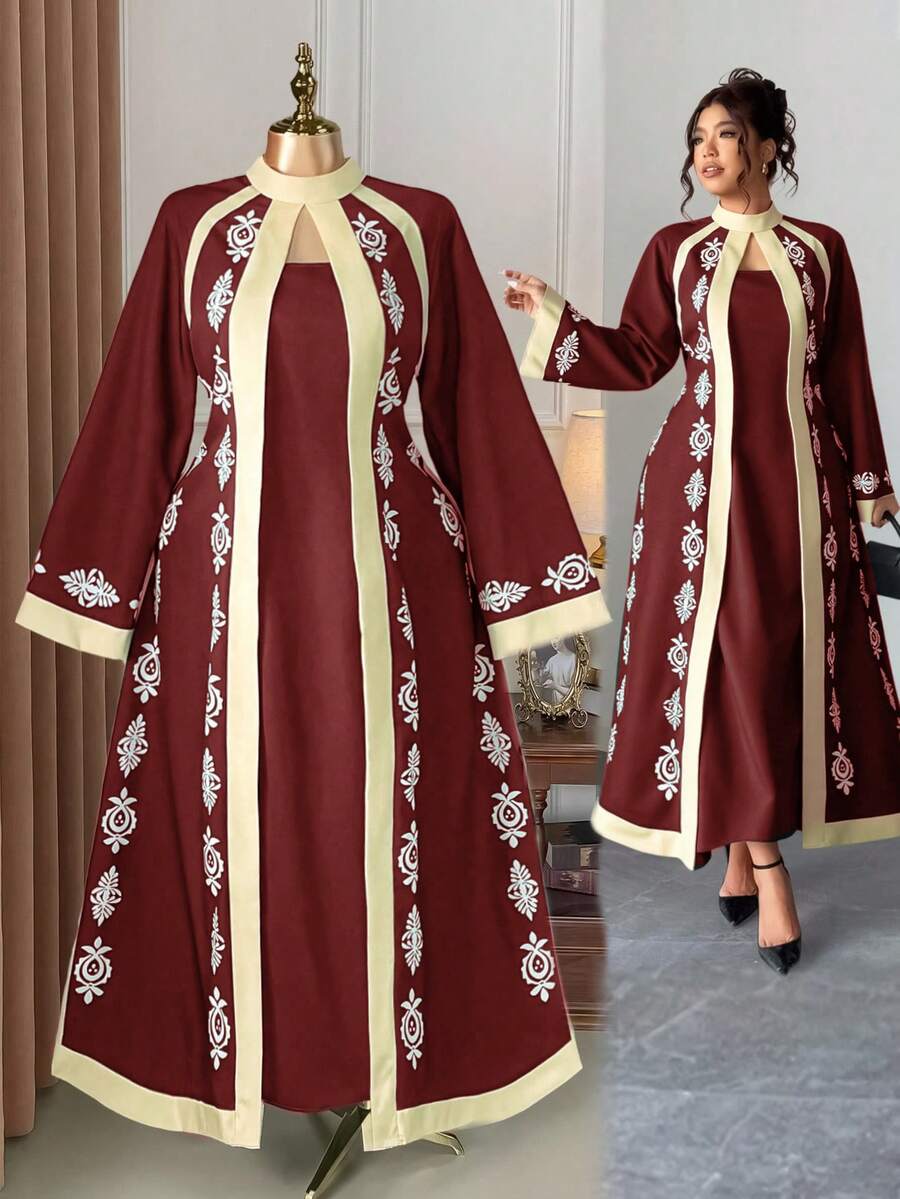 Rometta 大码女式优雅度假风印花高领喇叭袖修身连衣裙(忧郁气质)(周三美学) - 彩色 - 查看 1